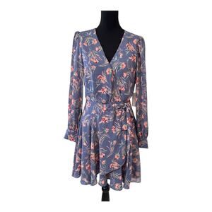 New FLORET STUDIOS Blue Pink Floral Balloon Sleeve Wrap Mini Dress Size M
